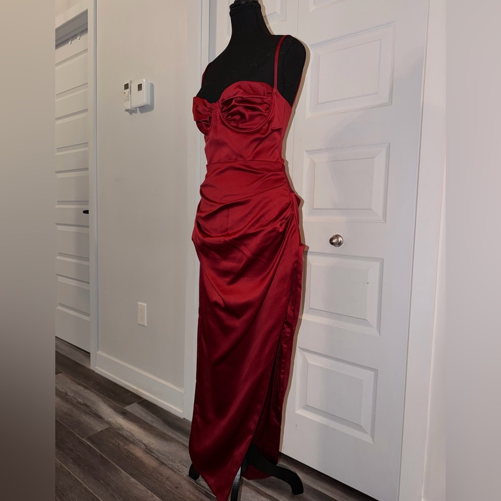House of CB Burgundy Satin Corset Maxi Dress – Elegant Evening Gown 🍷 - Picture 2 of 5